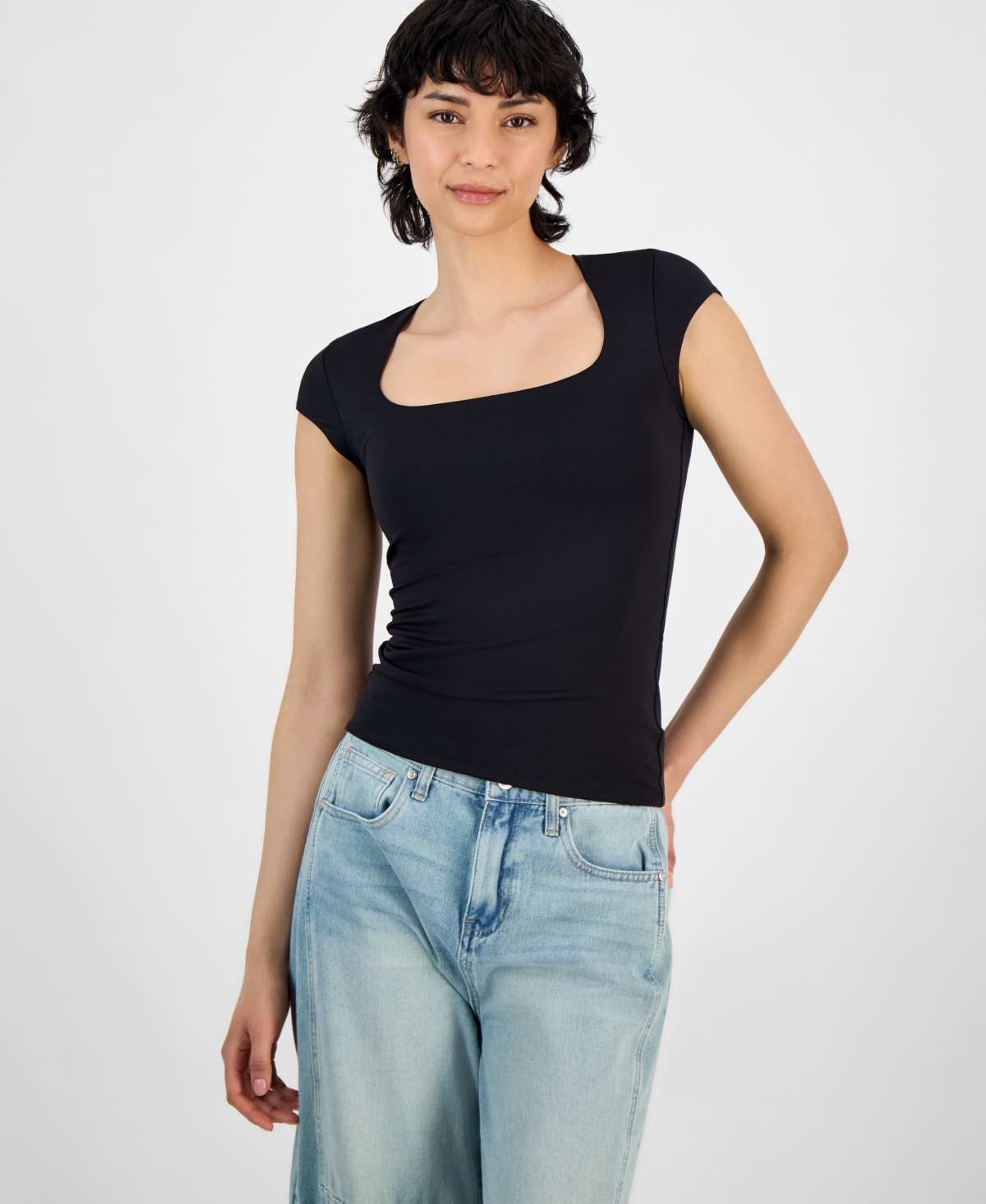 Petite Square-Neck Cap-Sleeve Top, Exclusively at Macy's - Black