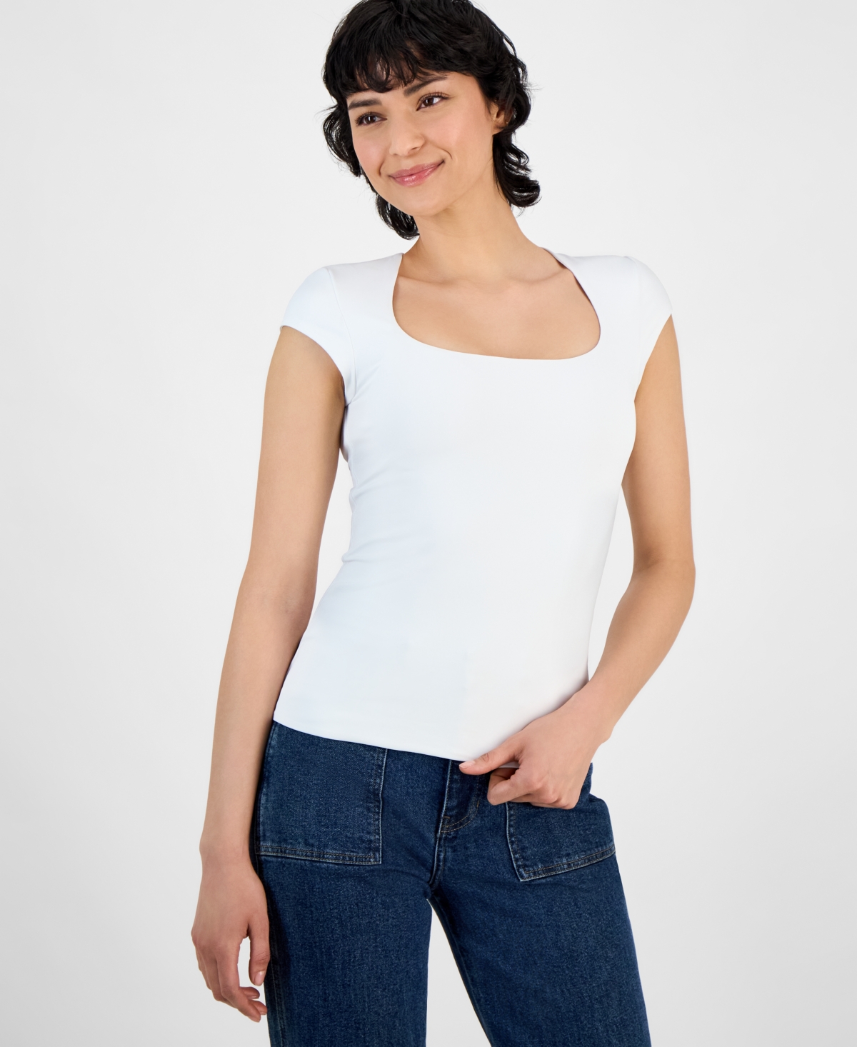 Petite Square-Neck Cap-Sleeve Top, Exclusively at Macy's - White