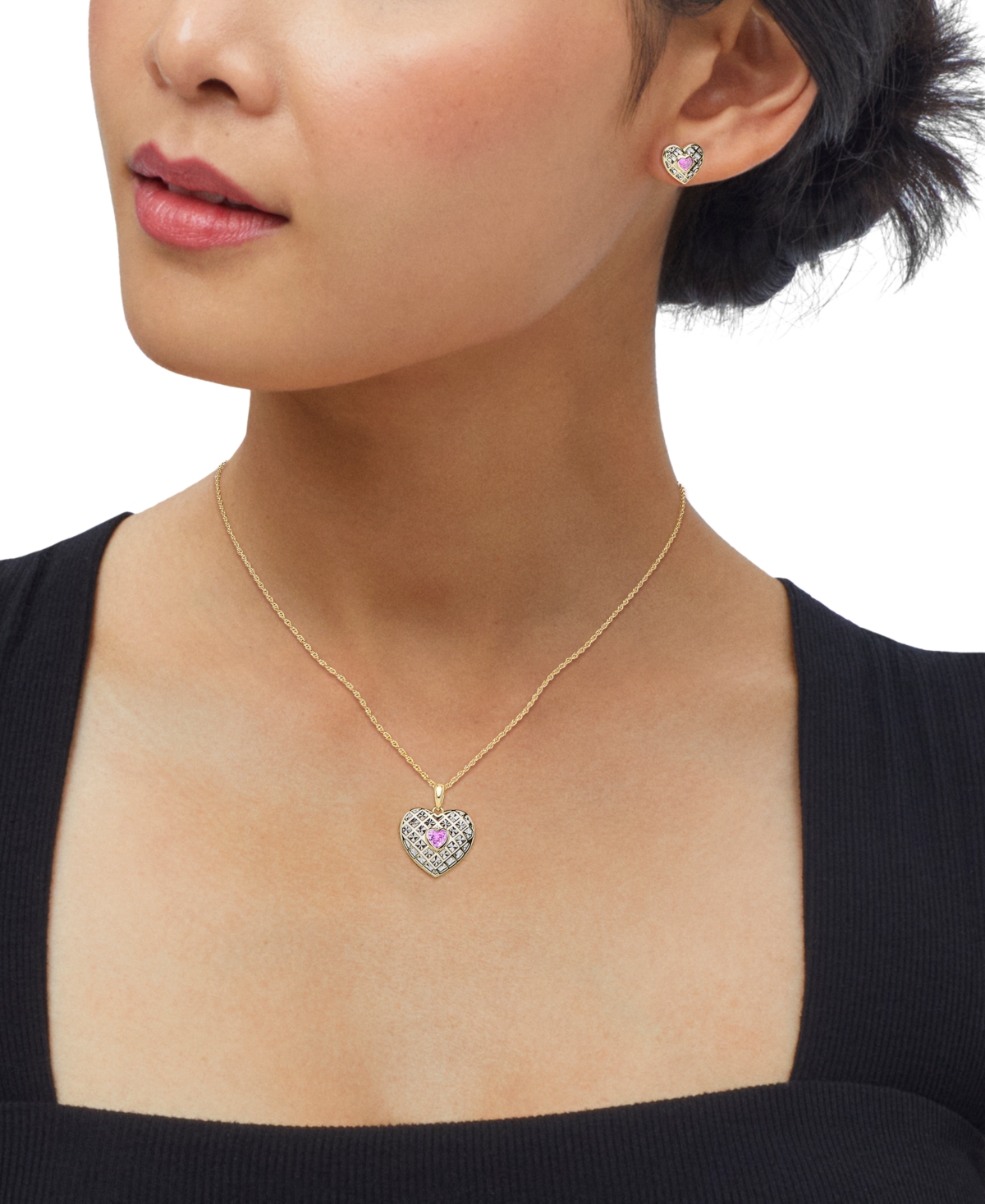 Macy's Created Ruby Or Pink Sapphire (1 Ct. T.w.) Heart Stud Earrings & Pendant Necklace In 14k Gold Over S In Pink Sapphire