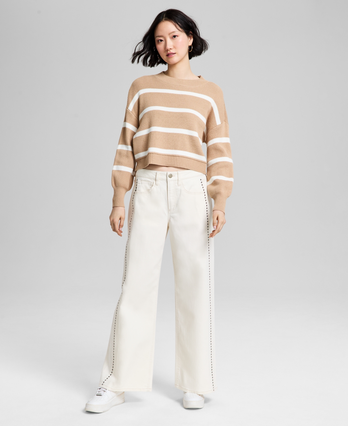 Women's Studded Wide-Leg Jeans, Exclusively at Macy's - Macadamia