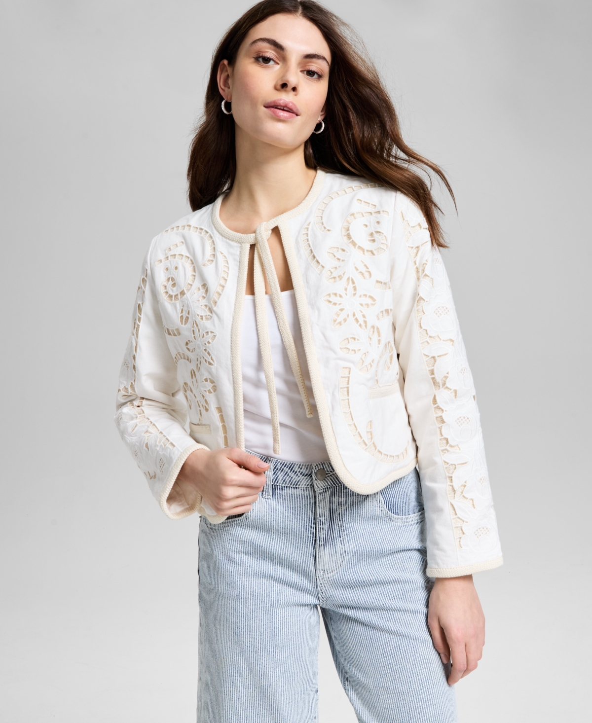 Women's Open Ladder-Trim Tie-Neck Jacket - B431 Cream