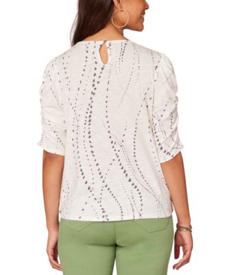 Petite Printed Ruched-Sleeve Scoop-Neck Top