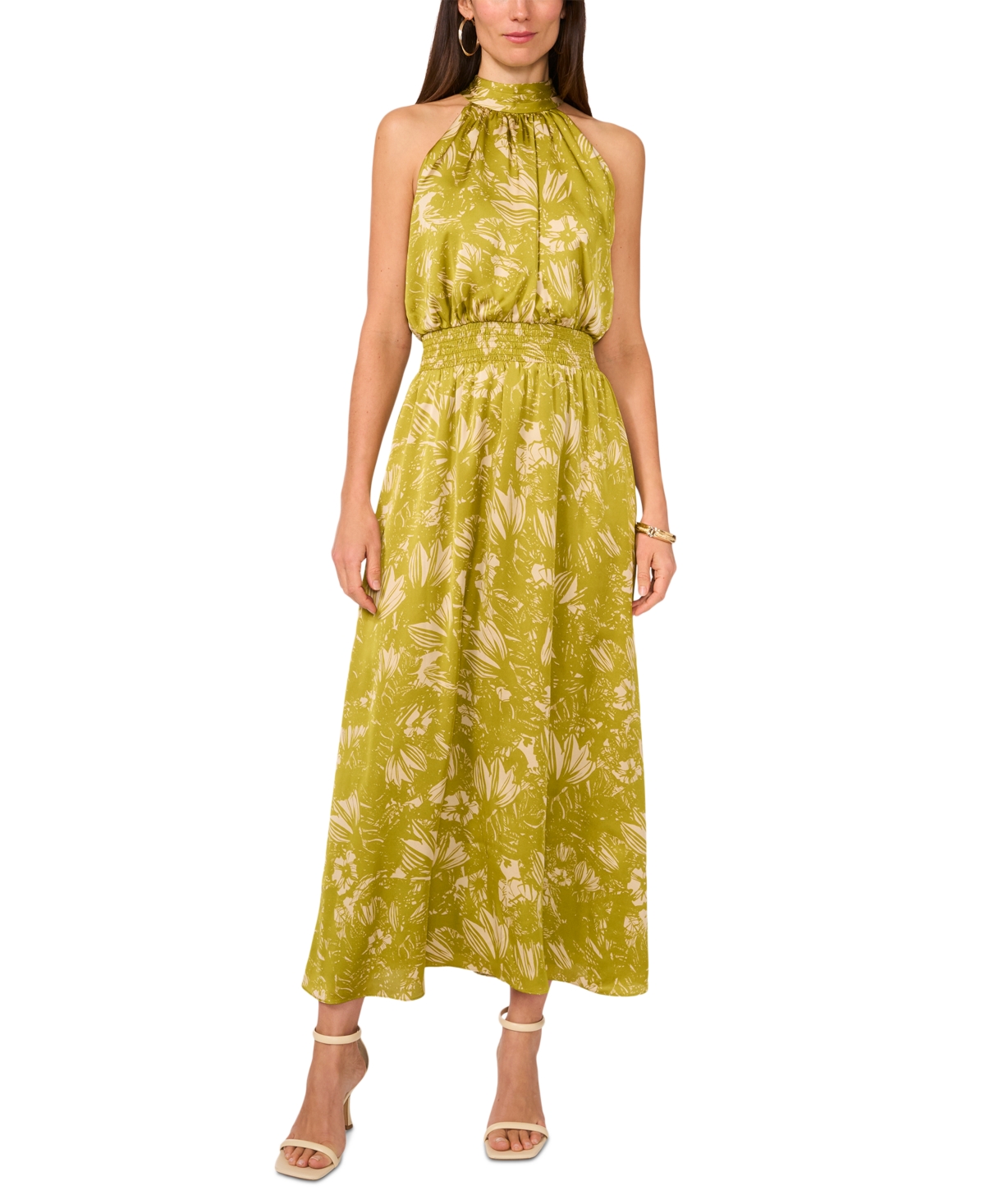 Vince Camuto Print Smocked Waist Sleeveless Maxi Dress In Green Oasis