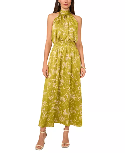 women's printed satin halter smocked-waist maxi dress