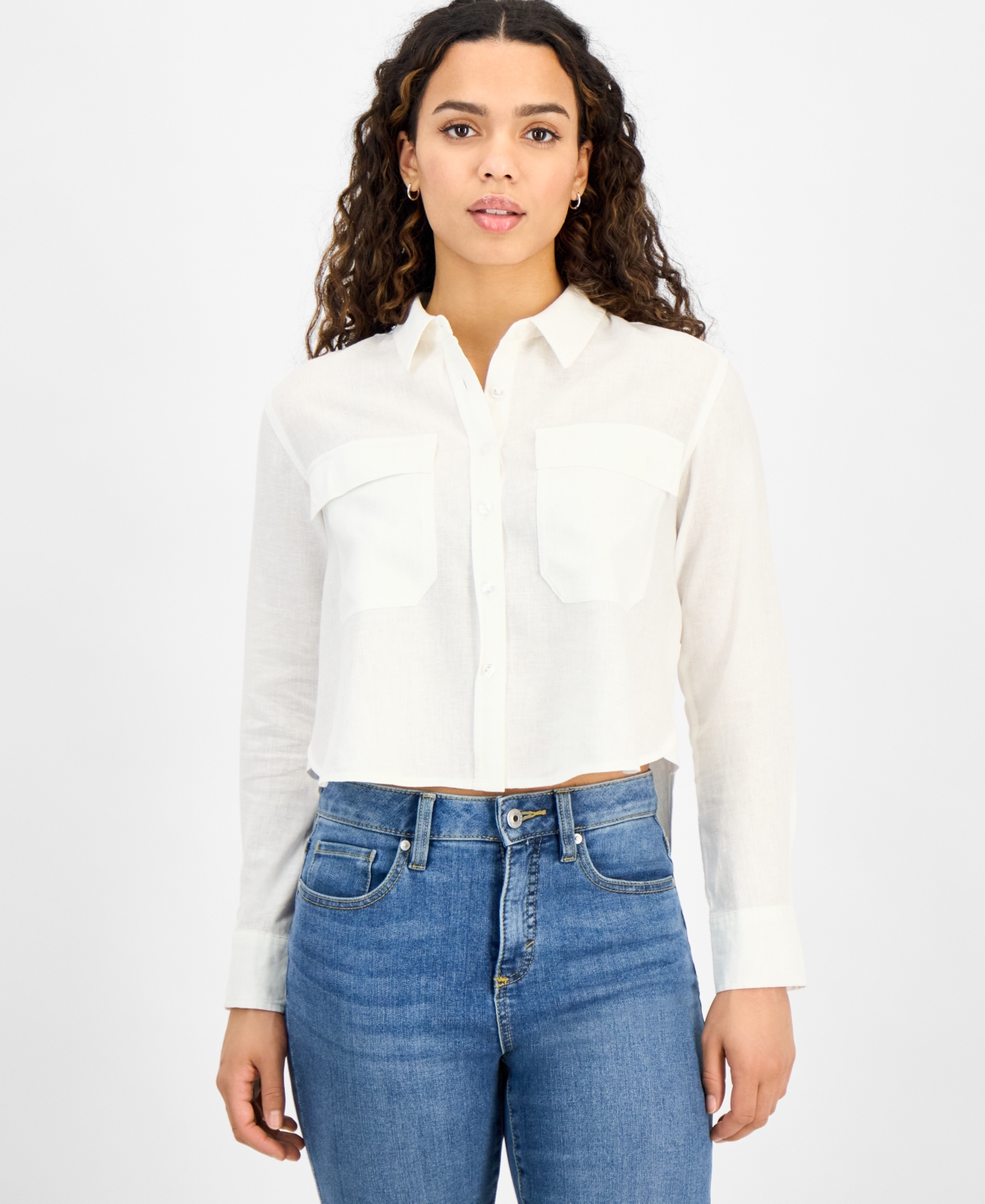 DKNY JEANS PETITE LINEN-BLEND STRIPED BUTTON-FRONT SHIRT 
