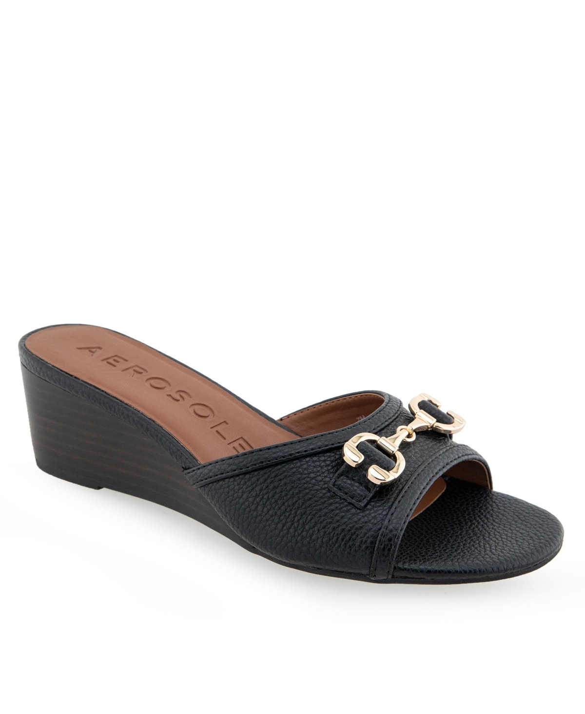 Shop Aerosoles Women's Wava Round Toe Wedge Sandals In Black Pebbled Faux Leather