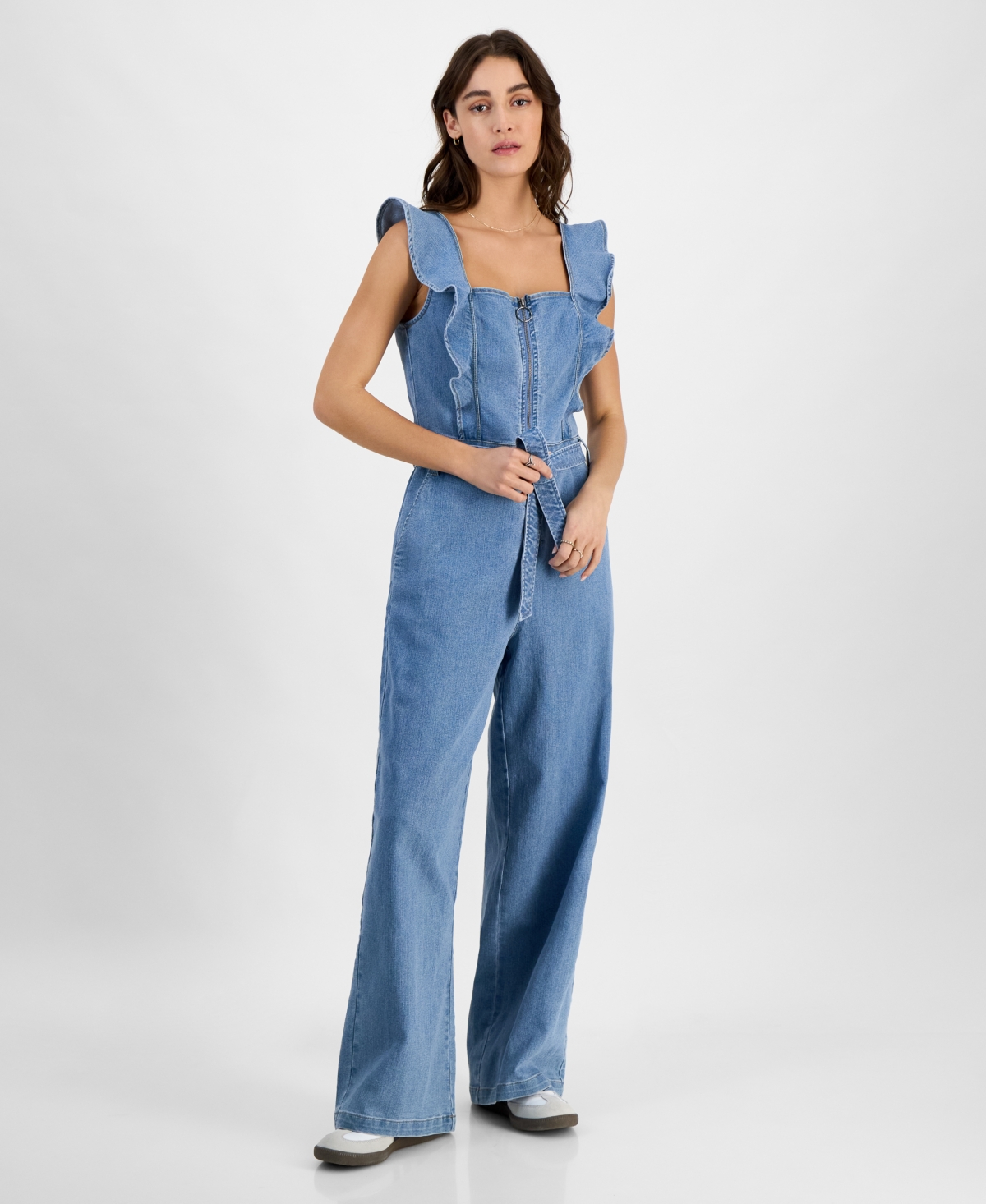 Juniors' Square-Neck Ruffle-Strap Wide-Leg Jumpsuit - Vintage Wash