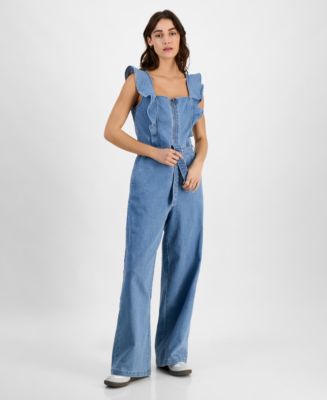 Tinseltown Juniors' Square-Neck Ruffle-Strap Wide-Leg Jumpsuit
