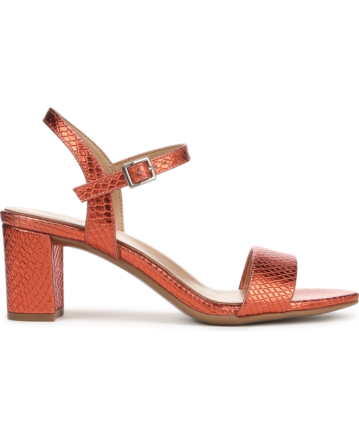 Naturalizer Bristol Block Heel Ankle Strap Sandal In Orange Metallic Snake Embossed Faux Leat