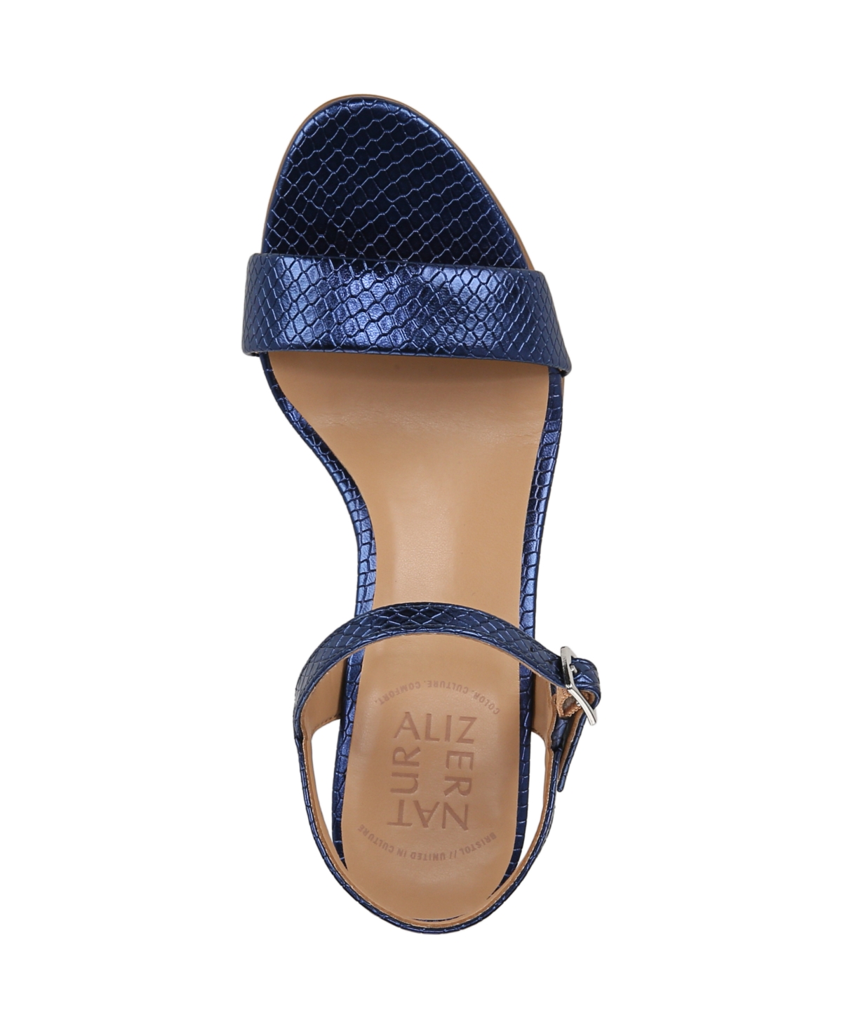 Naturalizer Bristol Block Heel Ankle Strap Sandal In Future Dusk Blue Metallic Snake Embossed