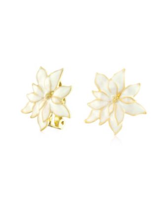 Christmas Red Enamel Statement Flower Poinsettia Clip On Earrings Non-Pierced Ears - 14K Gold Plated