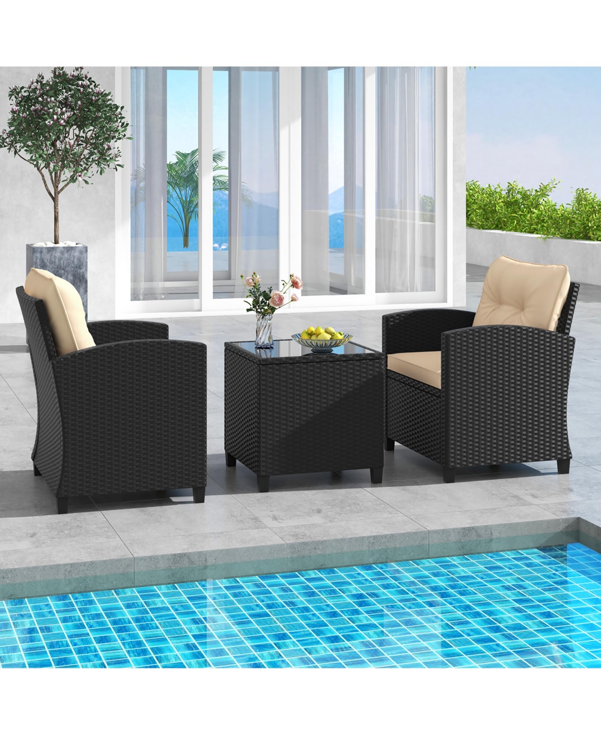 Gymax 3 Pcs Patio Furniture Set w/Tempered Glass Coffee Table Washable Cushions