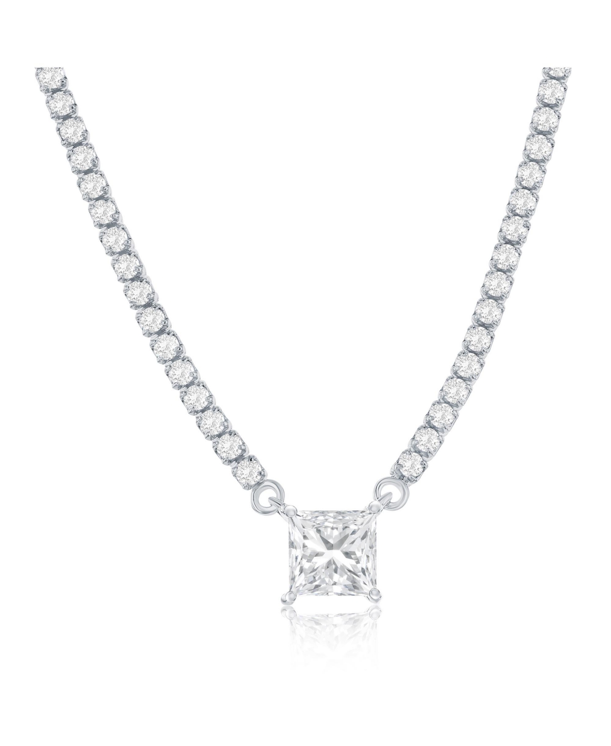 Sterling Silver, Square Cz, Tennis Necklace - Silver