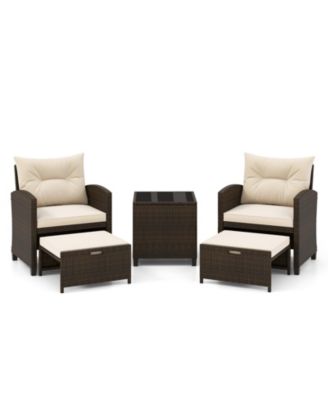 5 Pieces Patio Rattan Furniture with 2 Ottomans and Tempered Glass Coffee Table