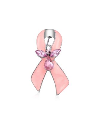 Guardian Angel Cancer Awareness Ribbon Brooch Pin - Crystal Enamel Support Symbol
