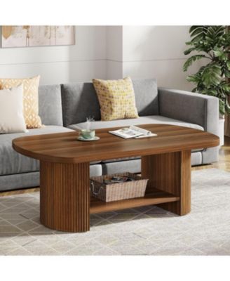 Oval Coffee Table, Mid-Century 2-Tier Coffee Table with Storage Shelf