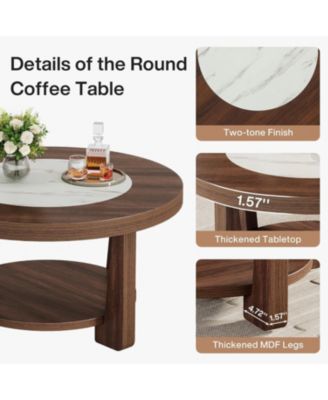 Coffee Table, 2-Tier Round Coffee Table with Heavy-Duty Wood Tabletop for Living Room