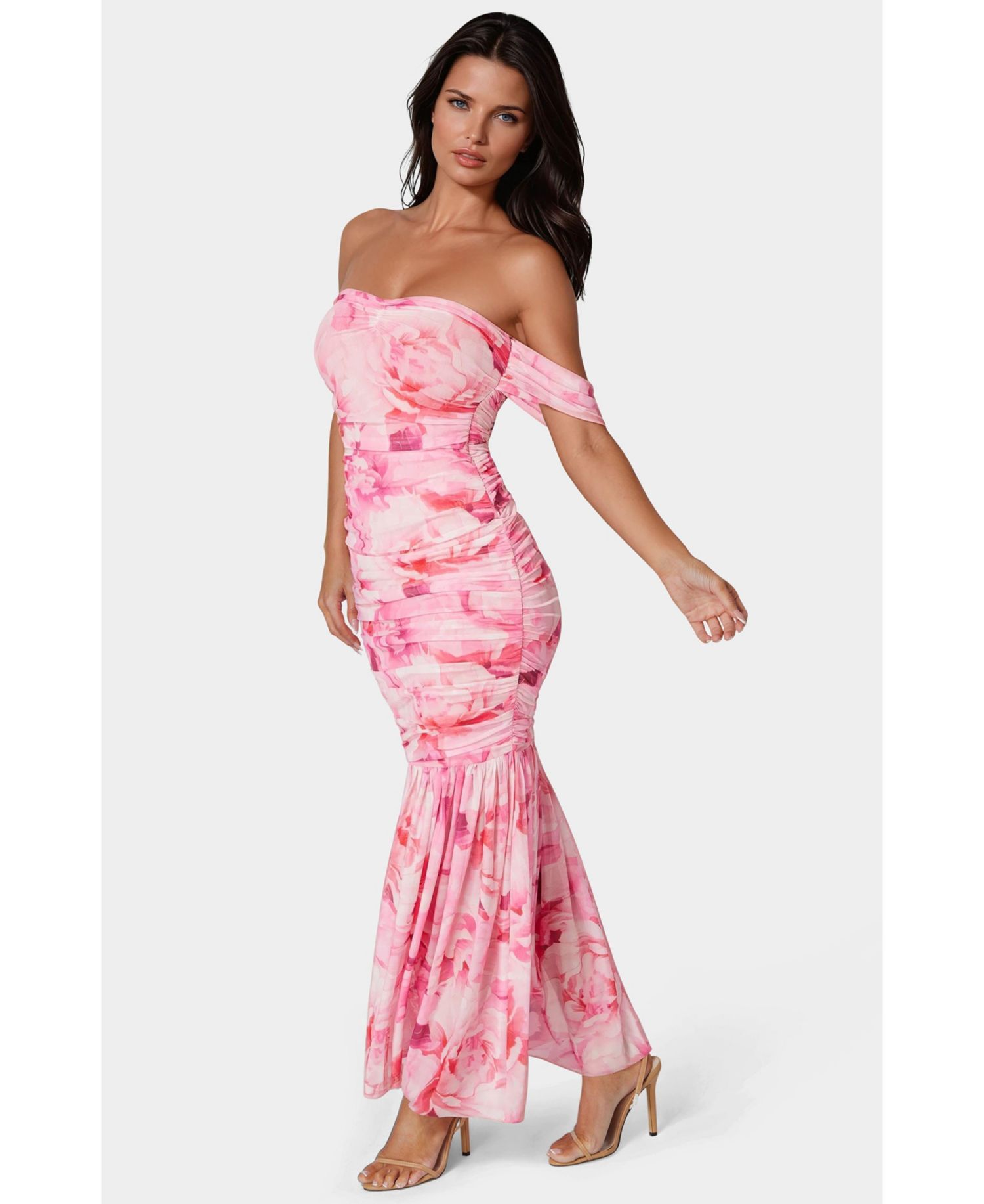 Women's Off Shoulder Ruched Mesh Gown