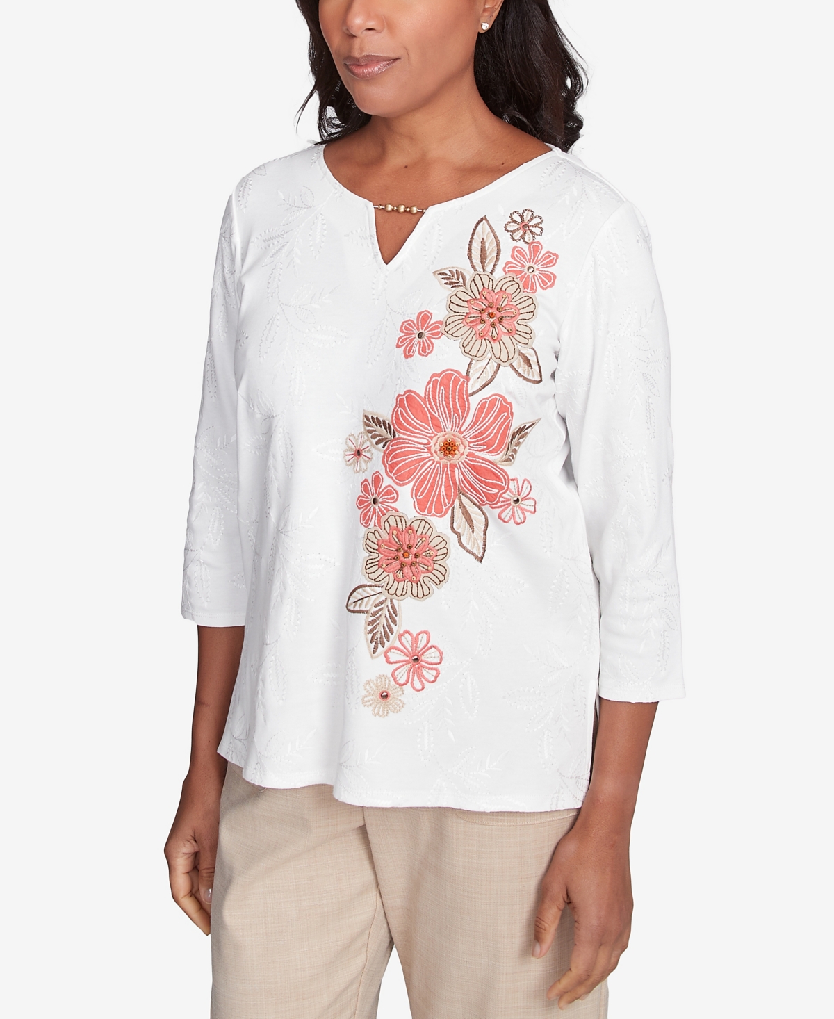 Alfred Dunner Women's Catalina Island Romantic Embroidered Floral Top In Brown