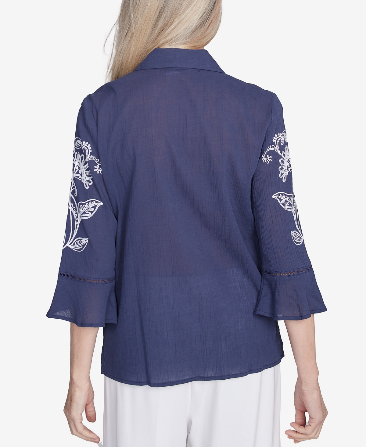 Alfred Dunner Petite Nantucket Embroidered Marine Button Front Collared Neckline Top In Marine Blue