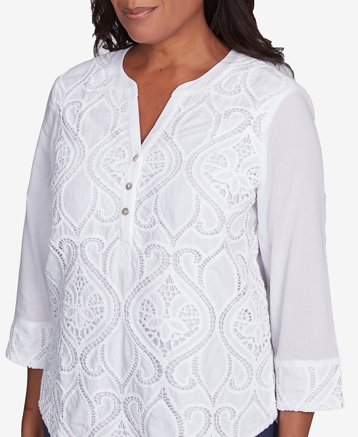 Alfred Dunner Petite Nantucket Lace Scroll Solid Henley Top In White