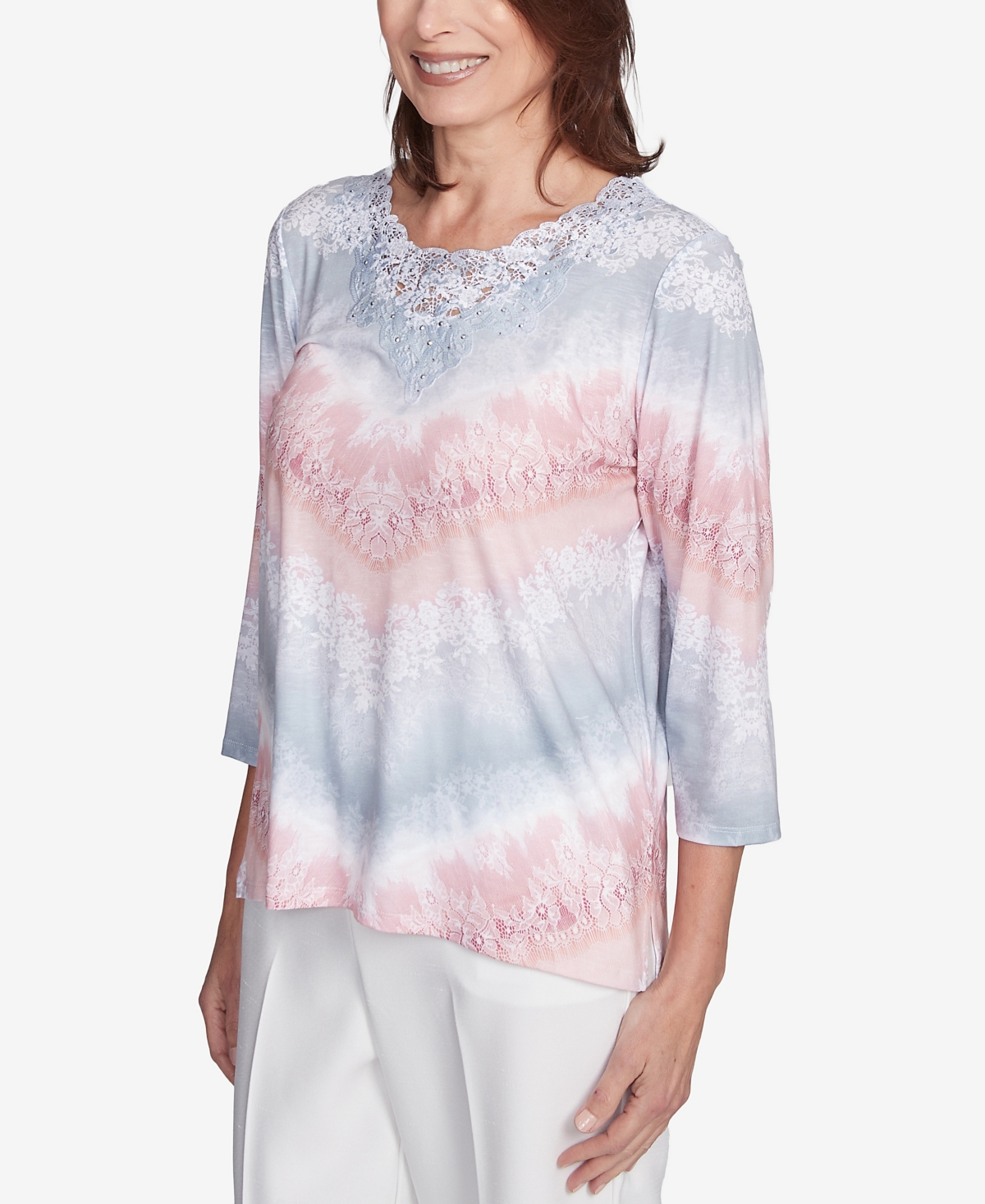 Alfred Dunner Women's Estate Of Mind Chevron Lacey Three Quarter Sleeve Top In Multi Pink