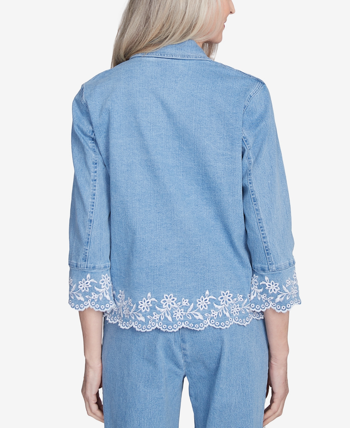 Alfred Dunner Plus Size Flower Power Denim Floral Embroidered Jacket In Light Indigo