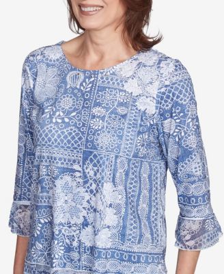 Women's Flower Power Lacey Floral Patchwork Crew Neck Top