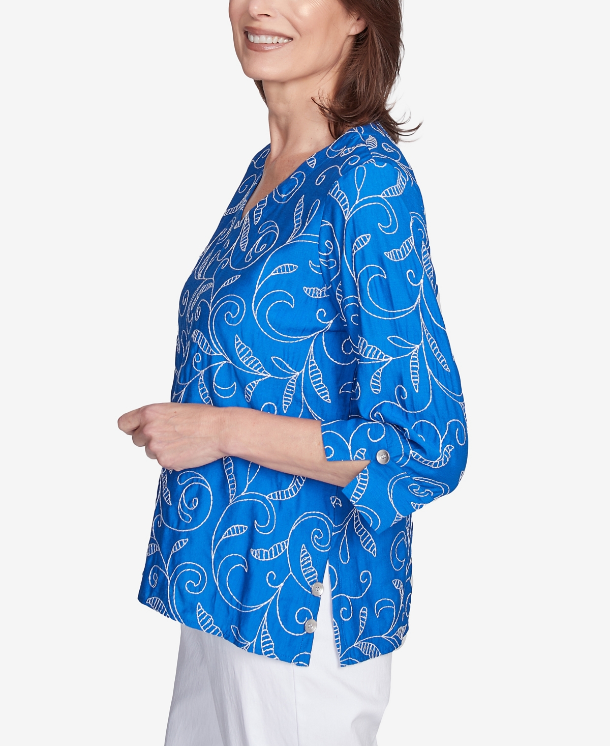 Alfred Dunner Plus Size Parrot Cay Scroll Embroidered Cuff Sleeve Top In Cobalt Blue