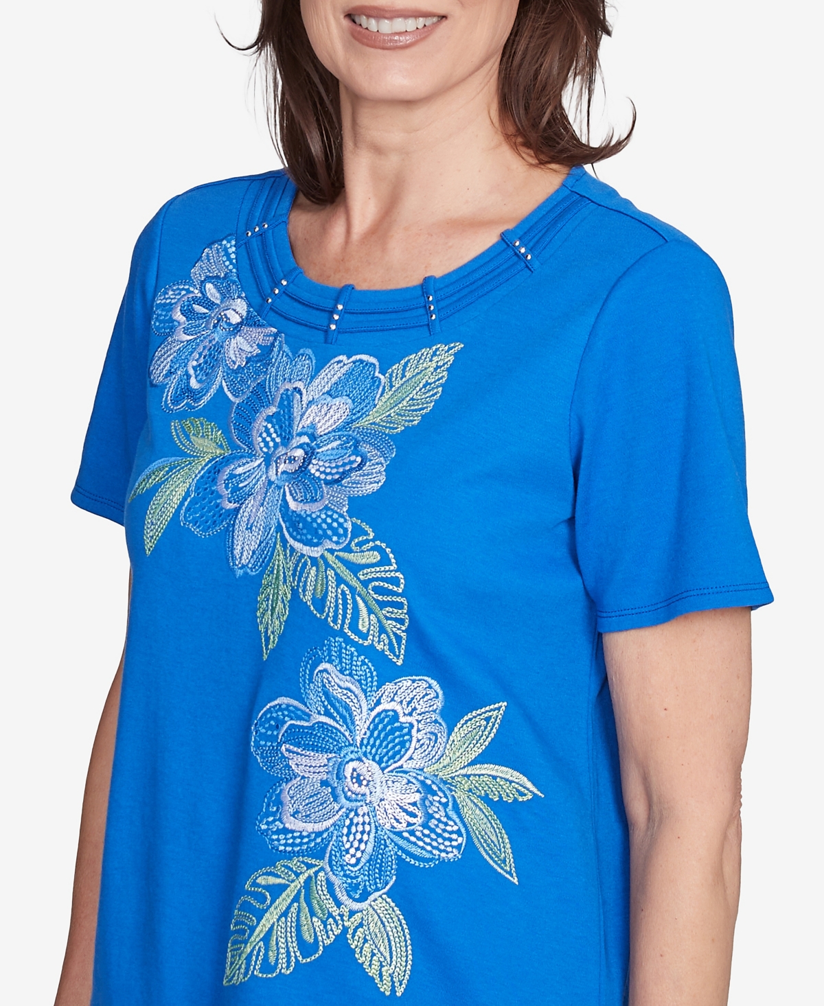Alfred Dunner Plus Size Parrot Cay Tropical Floral Embroidered T-shirt In Cobalt Blue