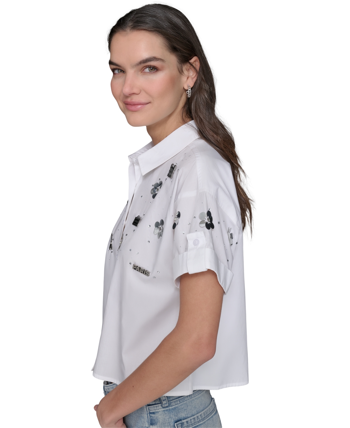 Karl Lagerfeld Women's Embellished Cropped Button-down Shirt In White