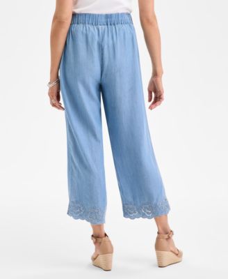 Women's Chambray Embroidered-Hem Cropped Pants, Exclusively at Macy's