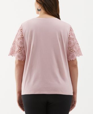 Plus Size Lace Yoke Knit Short Sleeve Top