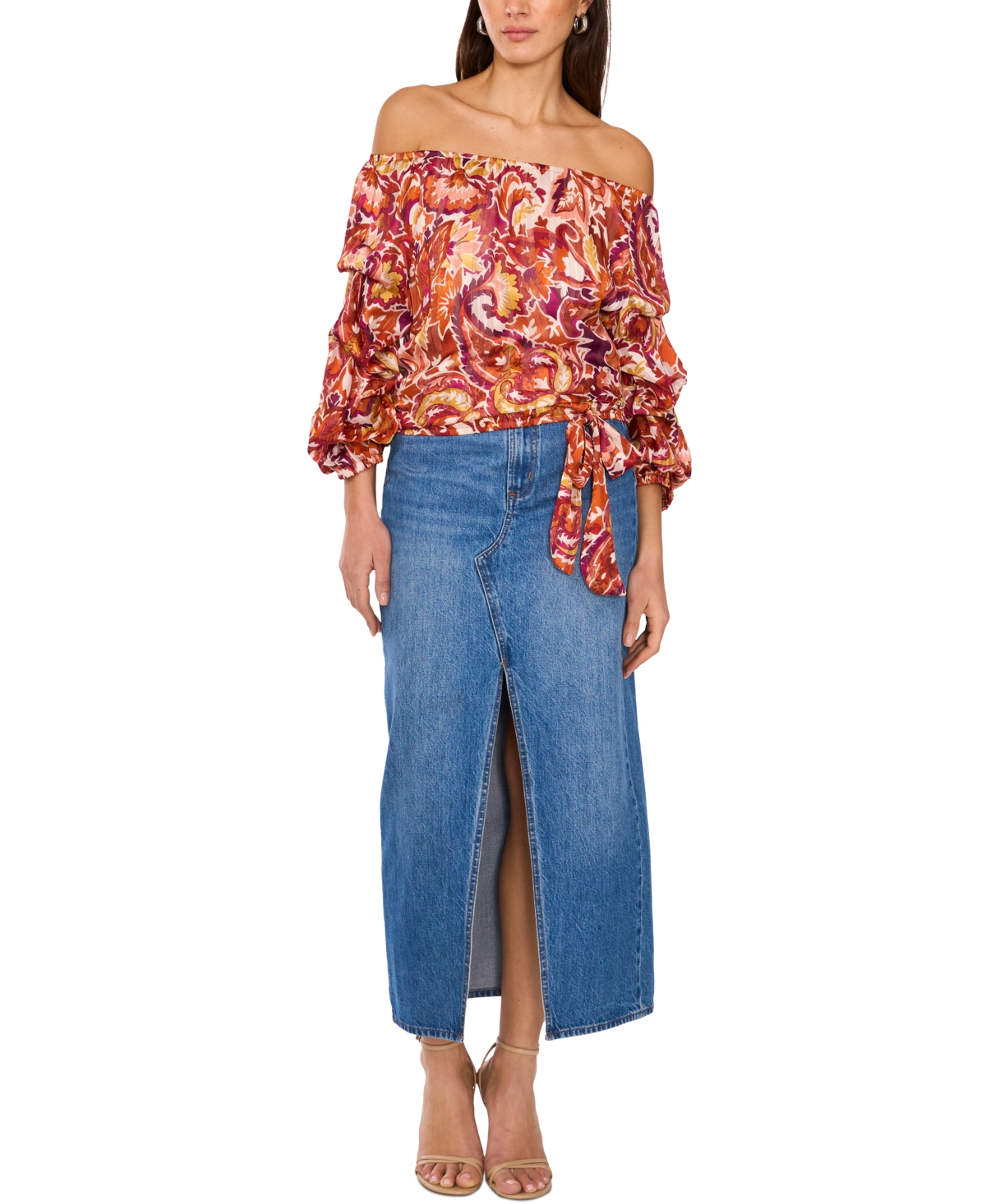Vince Camuto Paisley Off The Shoulder Bubble Sleeve Top In Wine