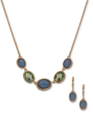 Anne Klein - Gold-Tone Pav&eacute; & Oval Stone Statement Necklace & Drop Earrings Set