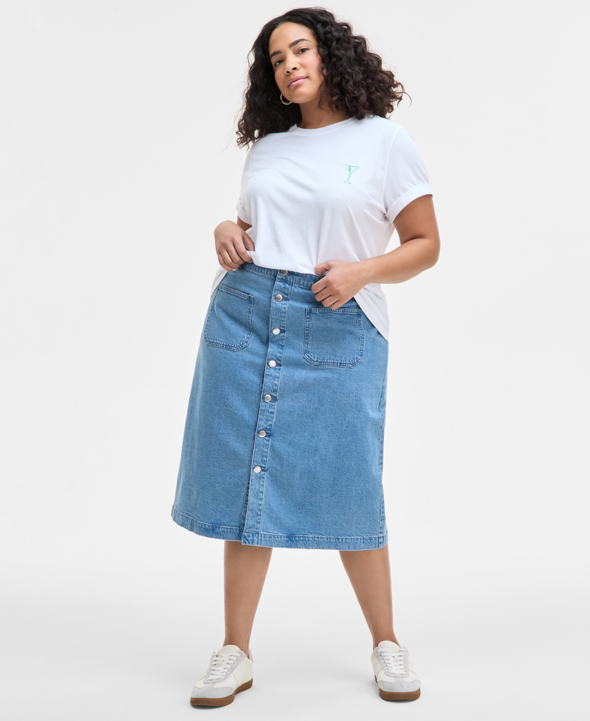 Trendy Plus Size Patch-Pocket Denim Midi Skirt, Exclusively at Macy's - Soda Wash
