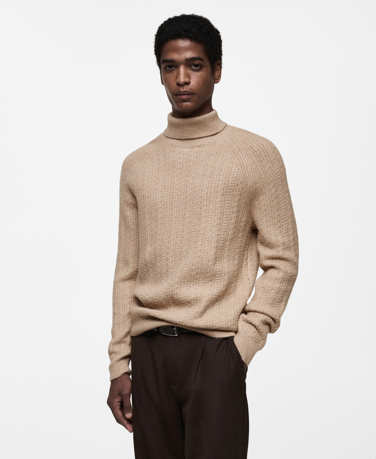 Men's Slim-Fit Braided Knit Turtleneck Sweater - Beige