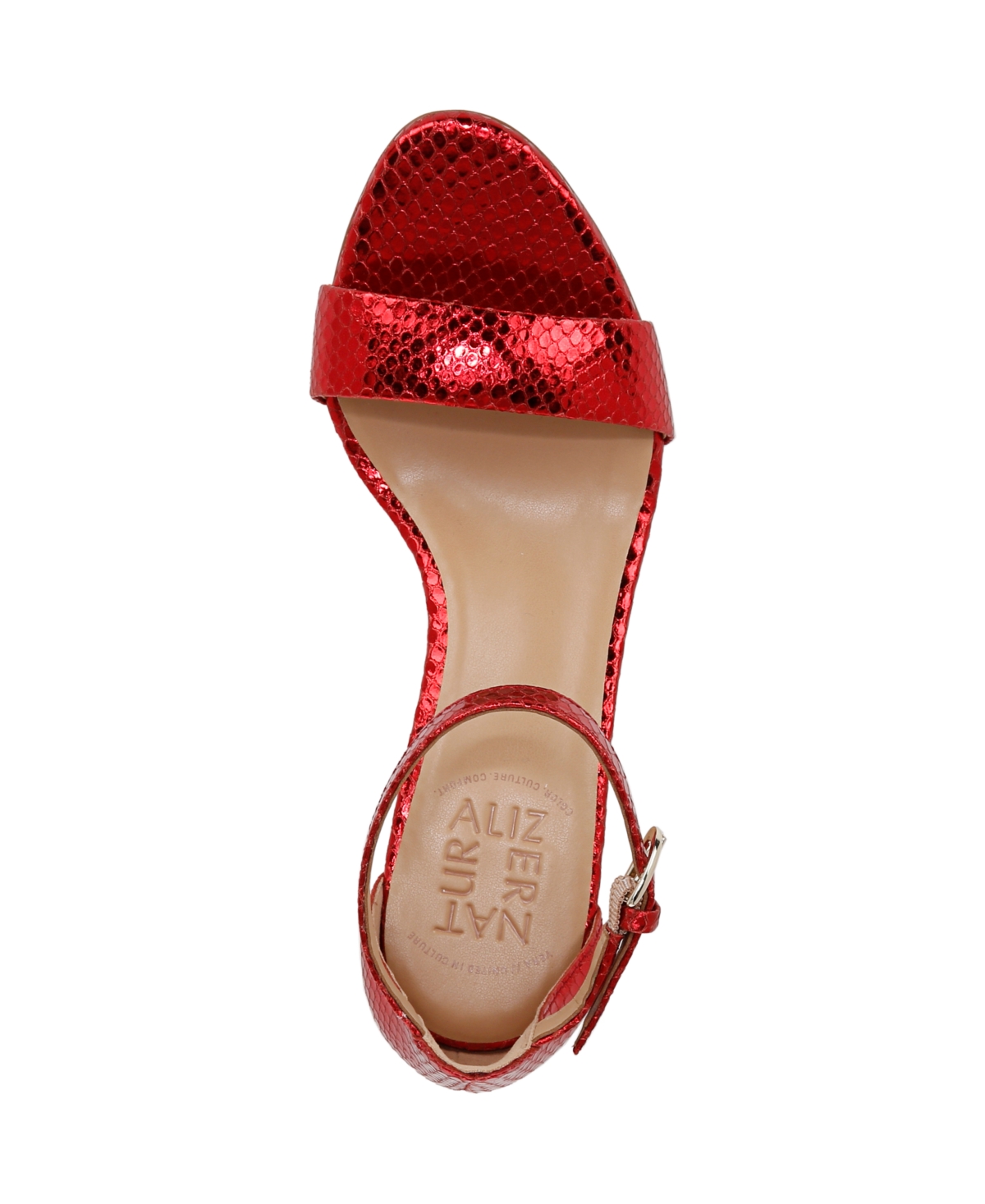 Naturalizer Bristol Block Heel Ankle Strap Sandal In Red Metallic Snake Embossed Leather