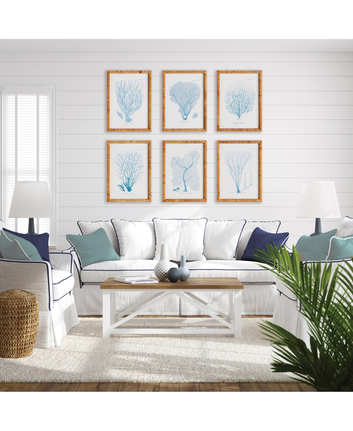 16"W x 1"D x 22"H Sea Fan And Coral Study In Blue Framed Wall Art Set of 6
