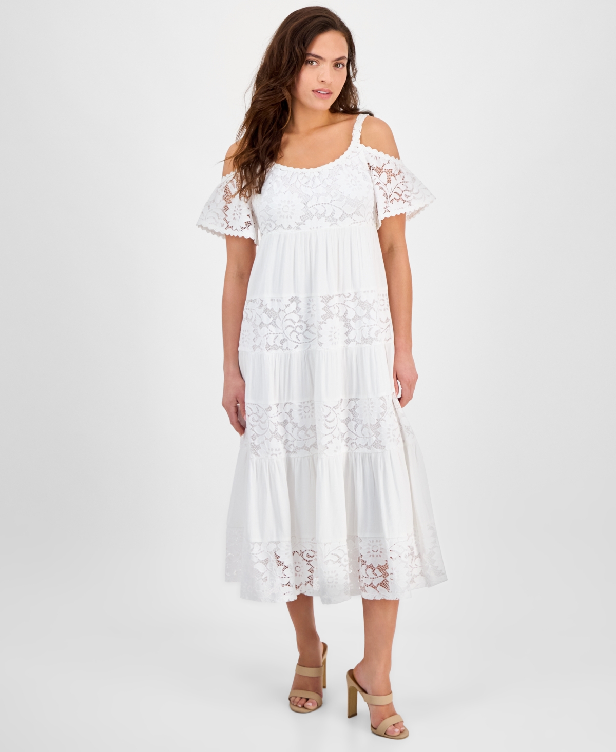 Petite Lace Cold-Shoulder Flutter-Sleeve Dress - White