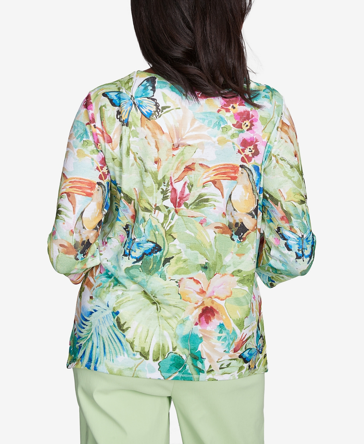 Alfred Dunner Plus Size Parrot Cay Tropical Toucan Crew Neck Top In Multi Green