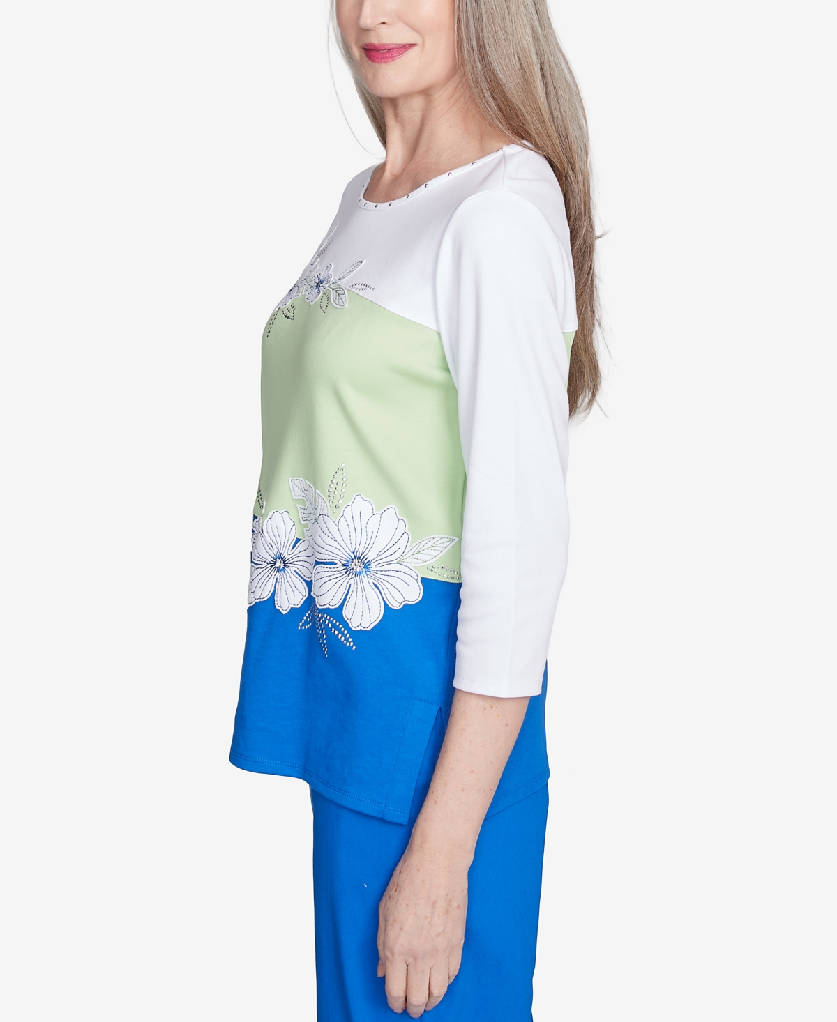 Alfred Dunner Plus Size Parrot Cay Tropical Colorblock Floral Crew Neck Top In Cobalt Multi