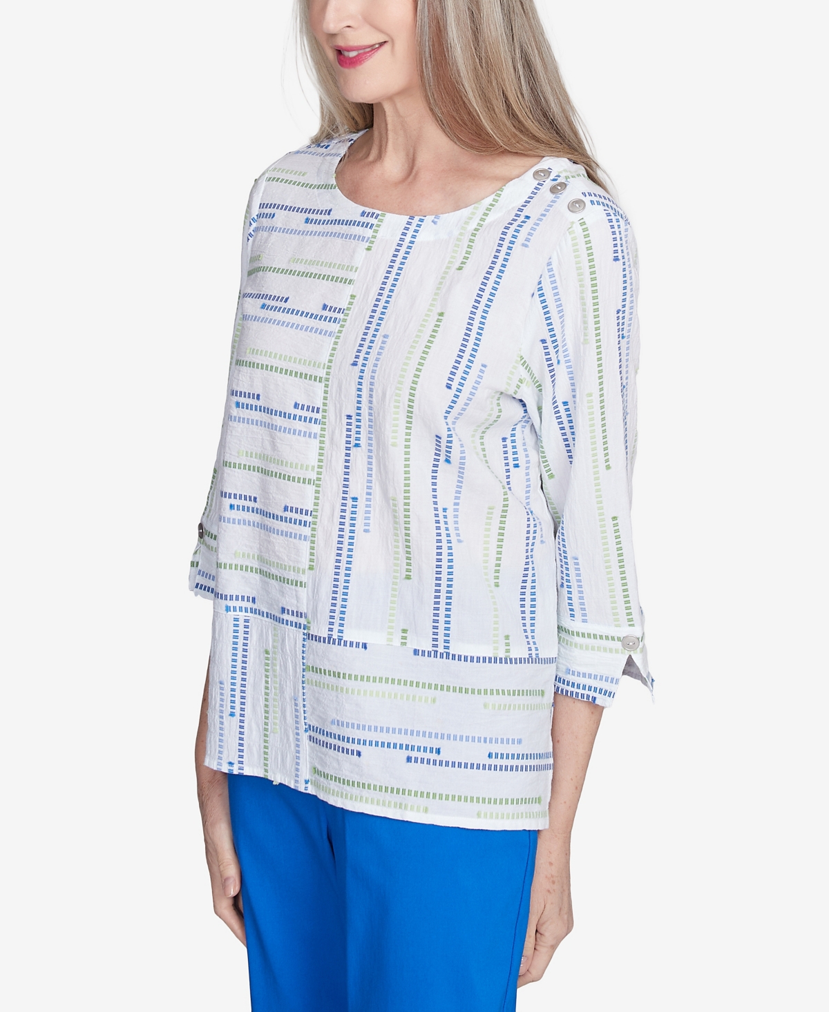 Alfred Dunner Plus Size Parrot Cay Spliced Textured Jacquard Crew Neck Top In Cobalt Multi
