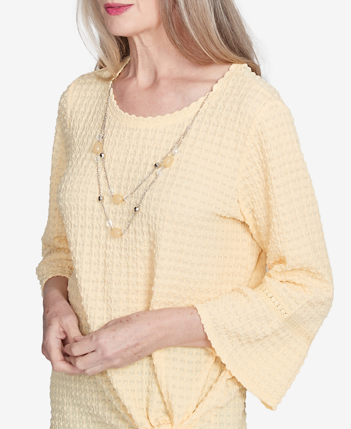 Alfred Dunner Plus Size Flower Power Tie Front Textured Crew Neck T-shirt With Necklace In Buttercup