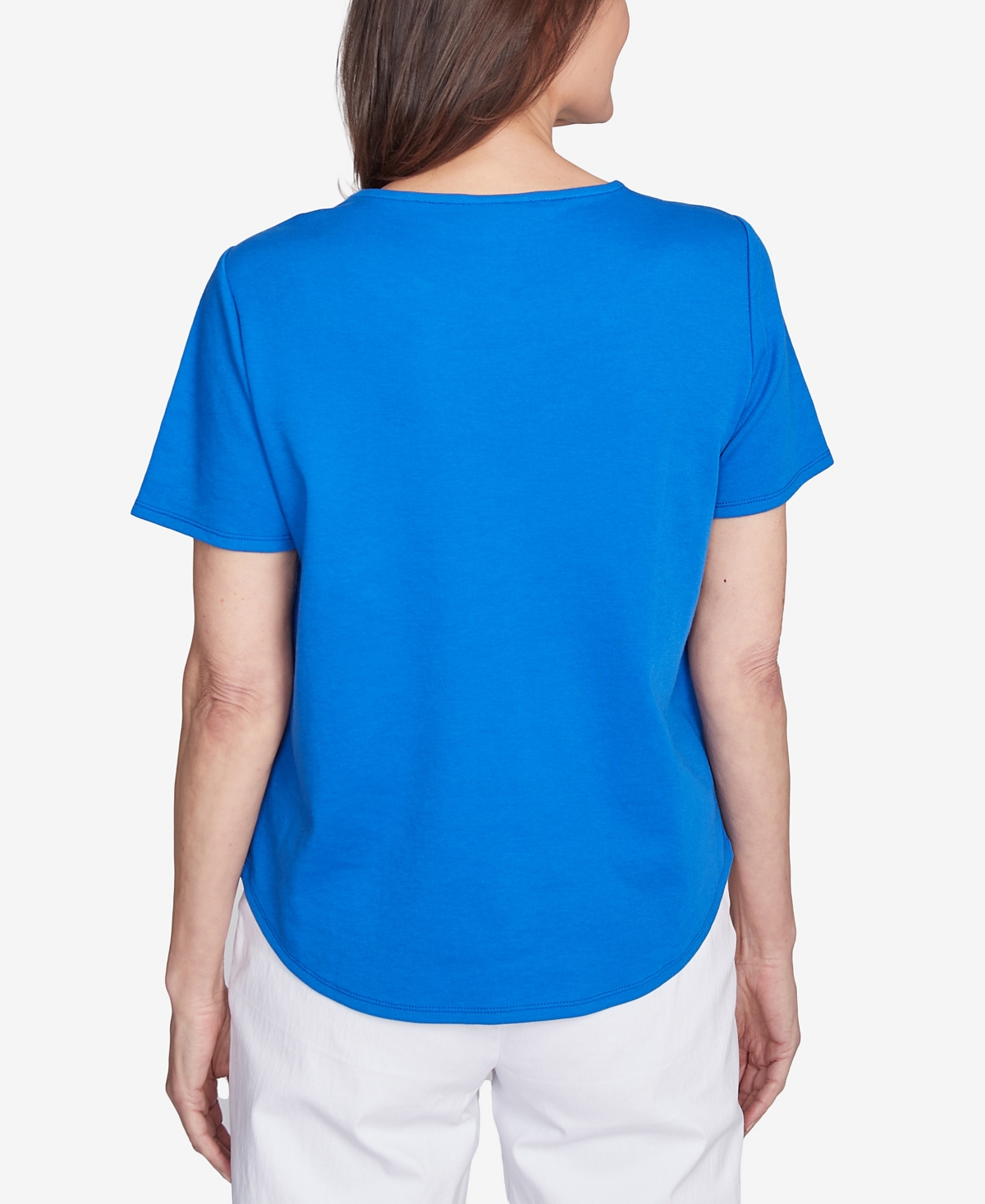 Alfred Dunner Plus Size Parrot Cay Tropical Floral Embroidered T-shirt In Cobalt Blue
