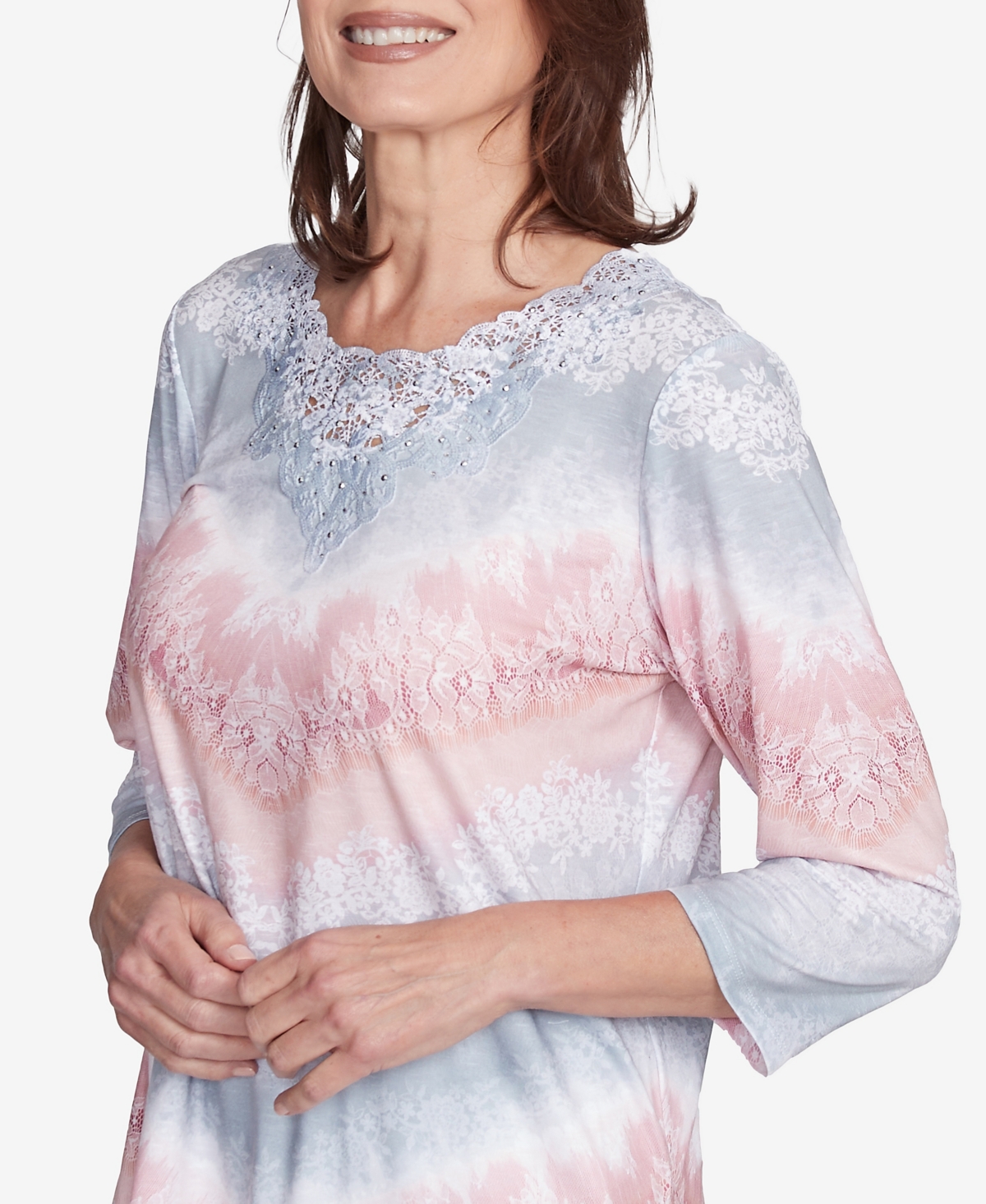 Alfred Dunner Women's Estate Of Mind Chevron Lacey Three Quarter Sleeve Top In Multi Pink