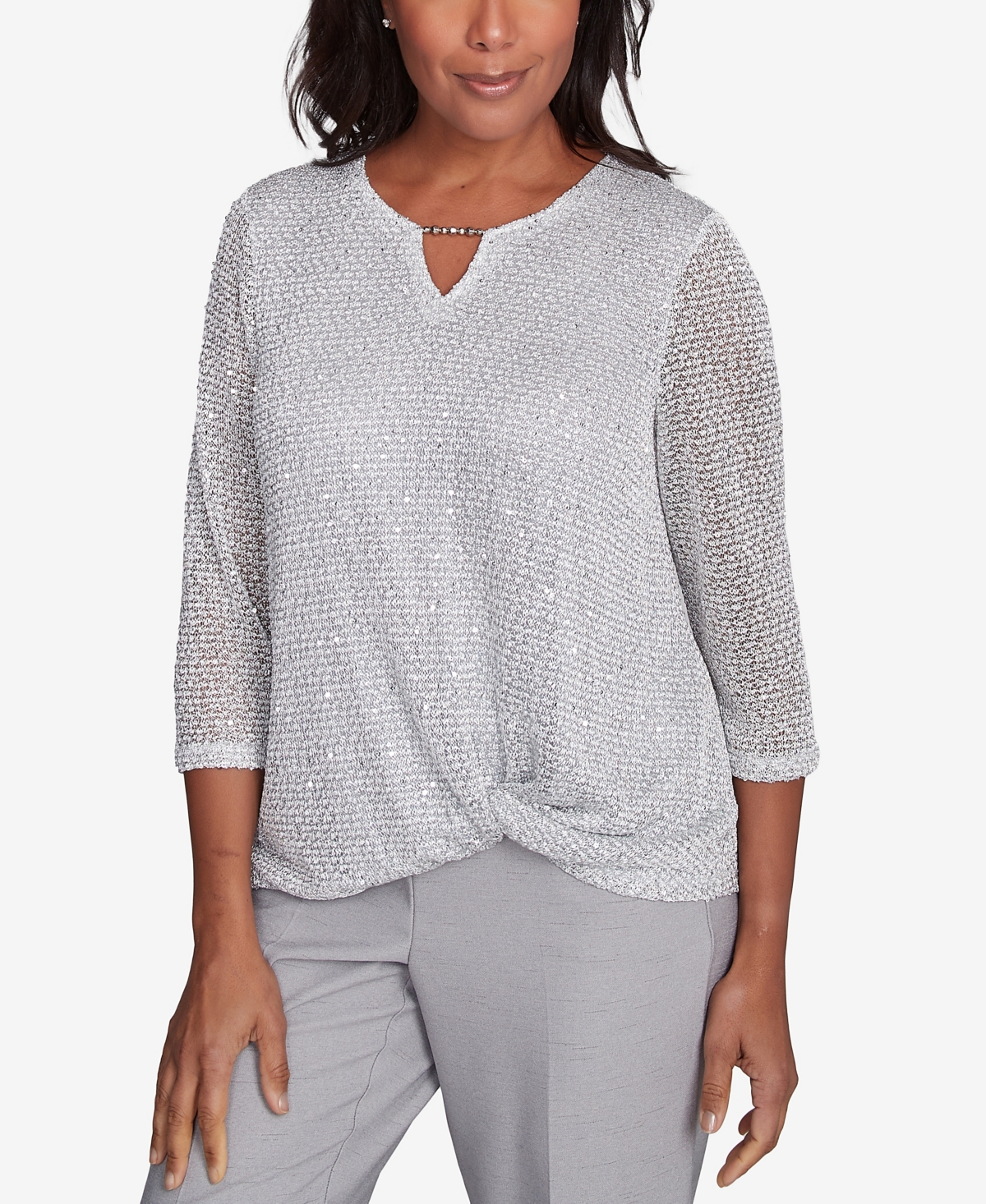 Alfred Dunner Petite Estate Of Mind Sequin Beaded Split Neck Top In Dove Grey