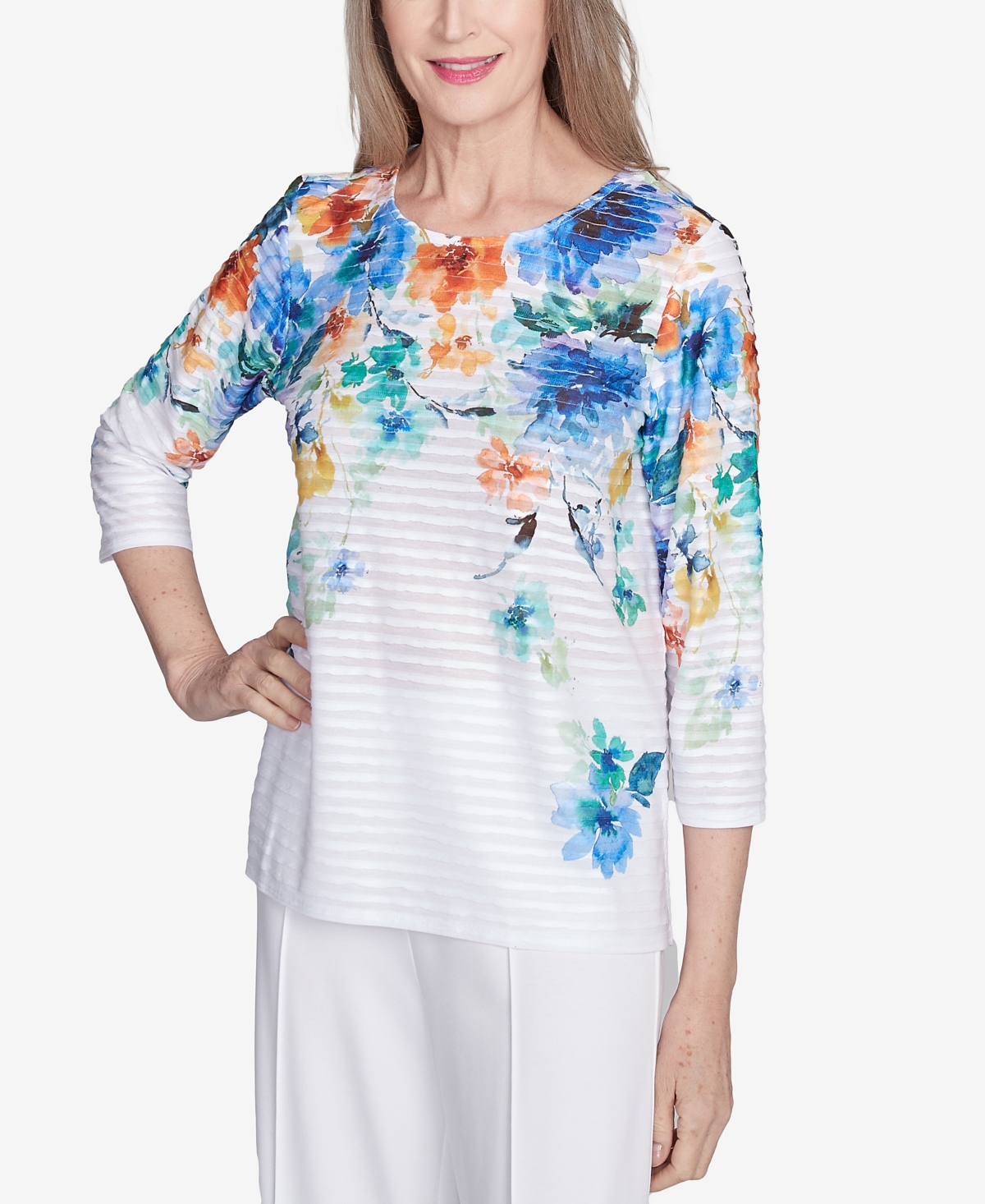 Alfred Dunner Petite Nantucket Textured Floral Neckline Top In Marine Multi
