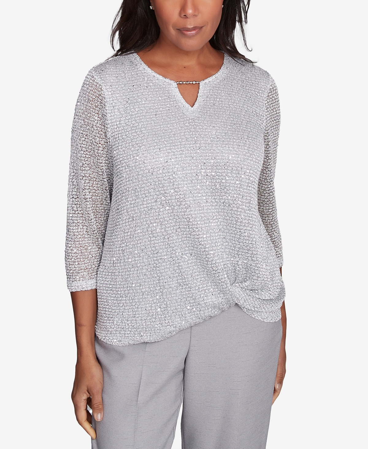 Alfred Dunner Petite Estate Of Mind Sequin Beaded Split Neck Top In Dove Grey