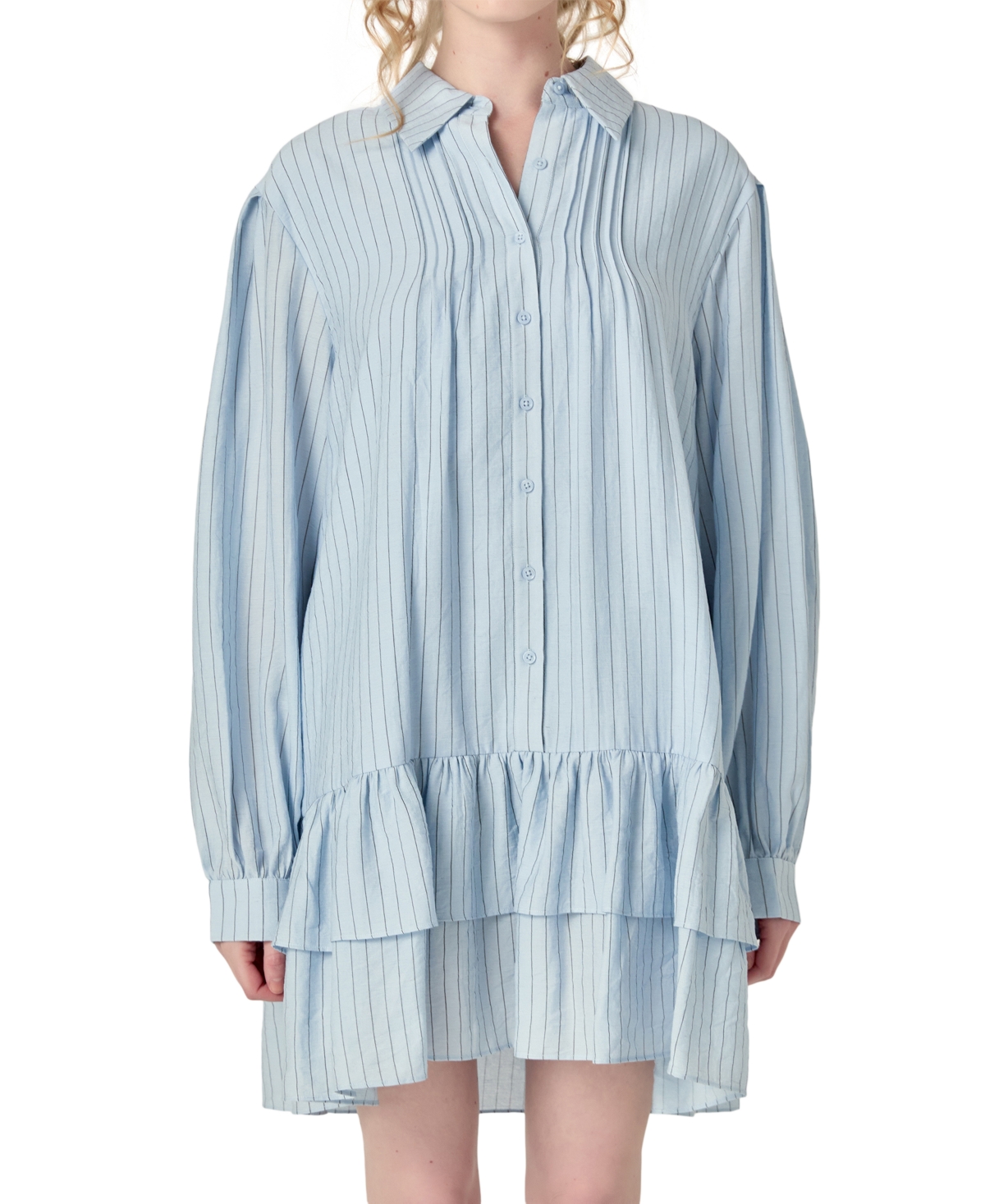 English Factory Women's Striped Blouson-sleeve Drop-waist Shirtdress In Powder Blue